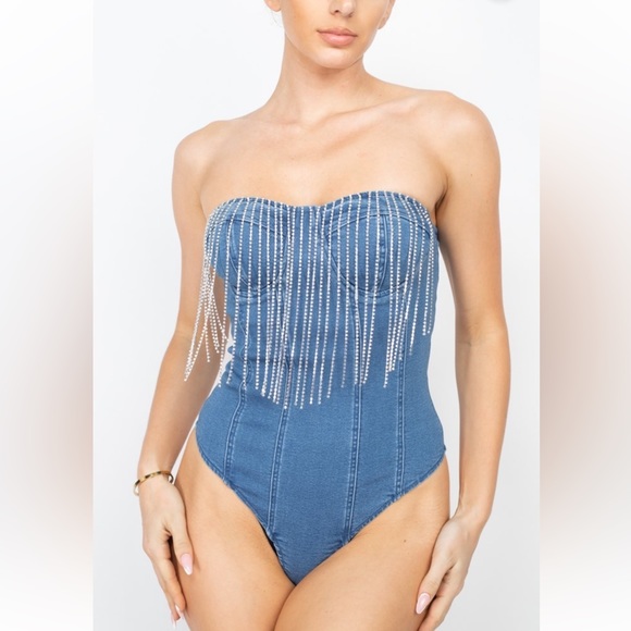 Strapless Fringe Rhinestone Detail Denim Bodysuit - Picture 3 of 5